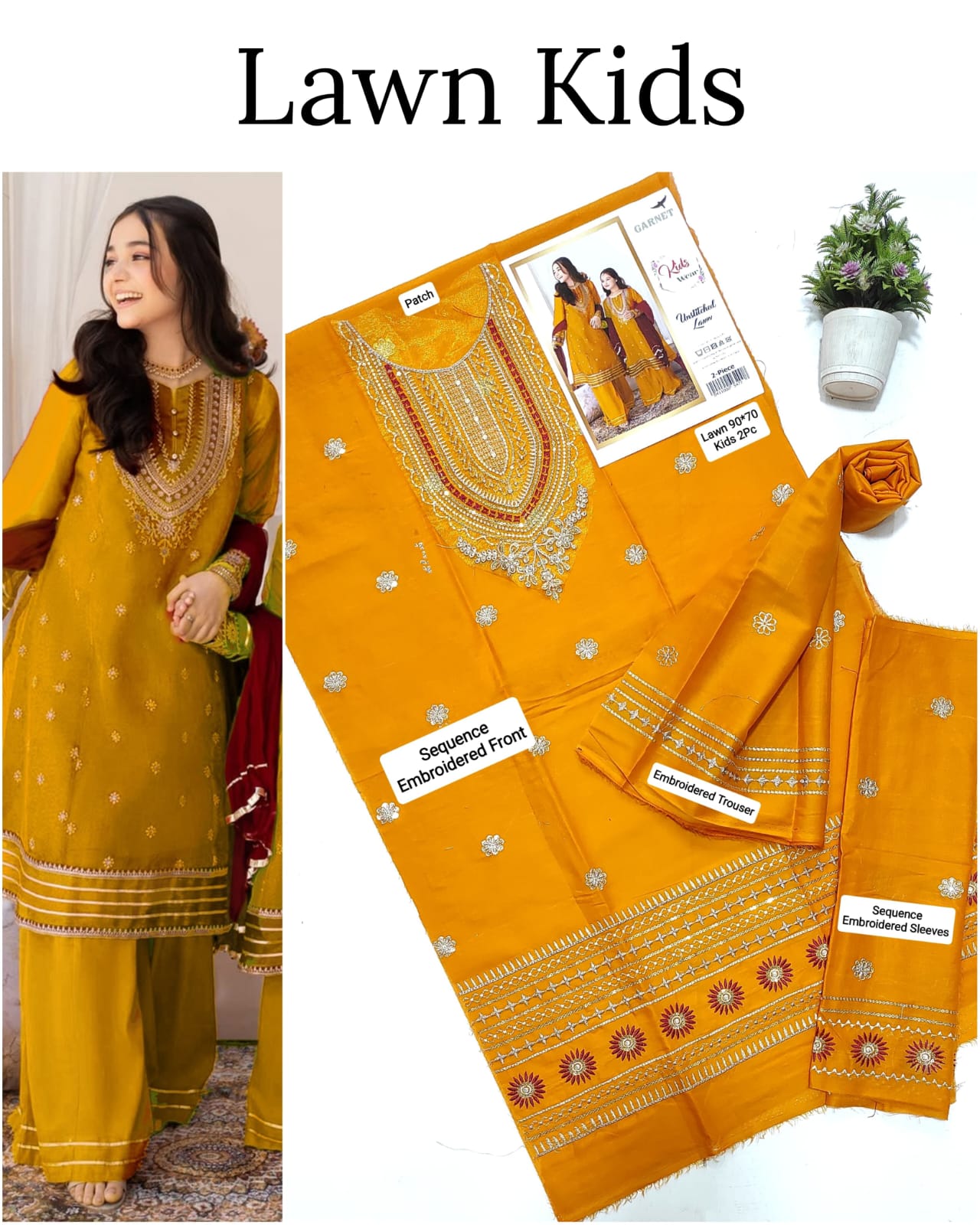 Traditional embroidered lawn suit for kids