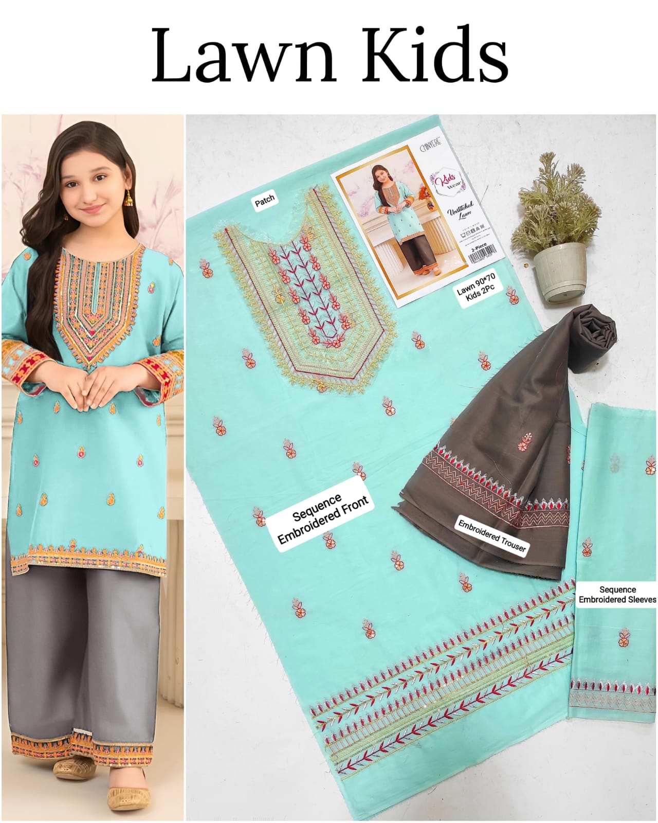 Kids Lawn Embroidered Suit