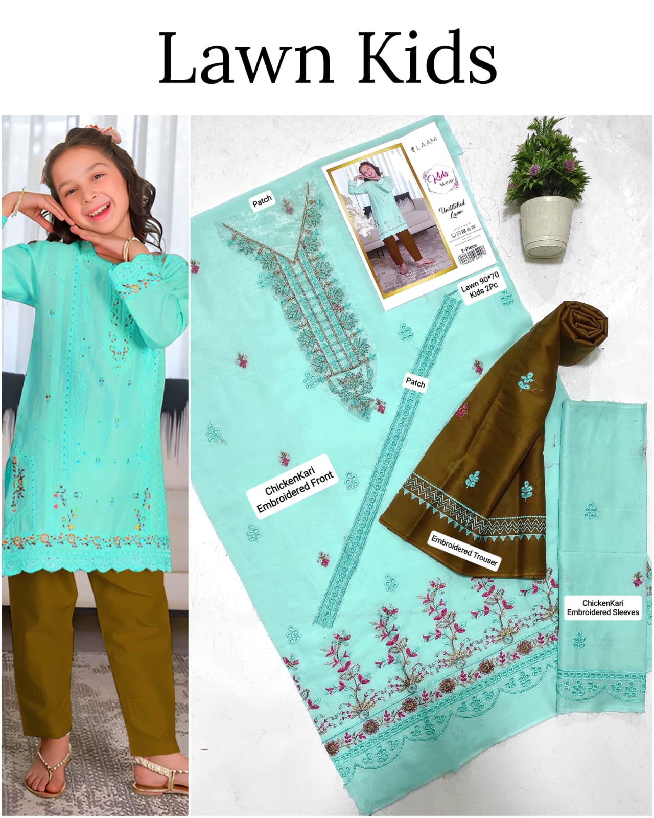 Kids Lawn Embroidered Suit