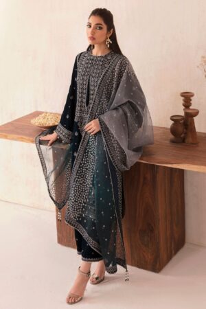 Velvet Embroidered Suit with Organza Tie & Die Dupatta