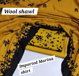 Women’s Peach Marina Wool 3PC Winter Suit – Allover Printed Shirt, Plain Trouser, Digital Printed Wool Dupatta